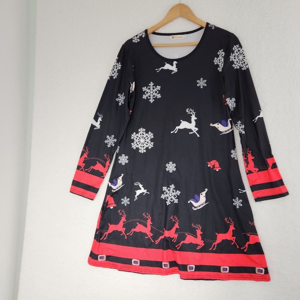Christmas Dress Long Sleeve Reindeer Snowflake Black Red Women's Medium